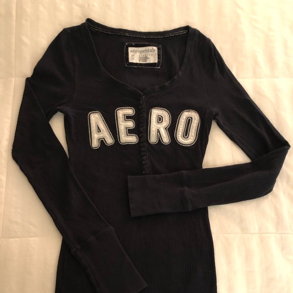 AERO Aeropostale Stretch Navy Ribbed Tee - Picture 2 of 4